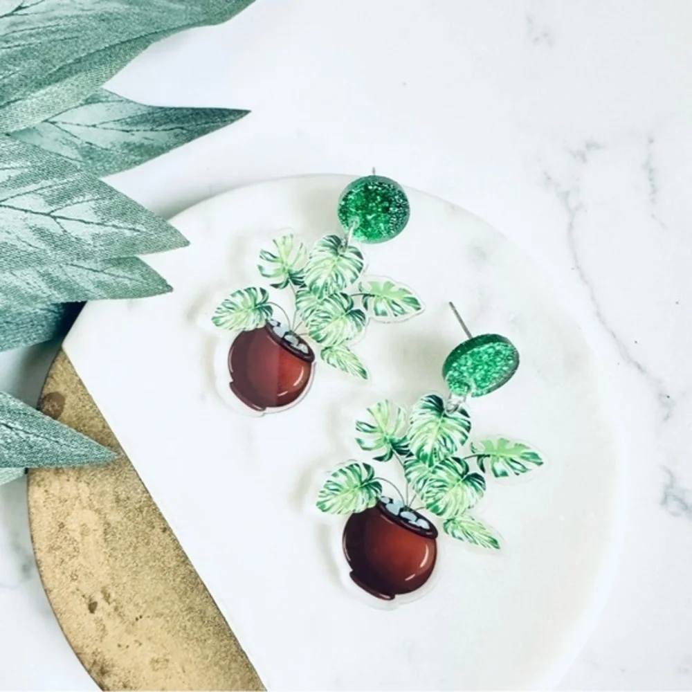 2/$30🌵 Monstera Leaf Potted Plant Earrings Acrylic Jewelry Plant Lady NEW